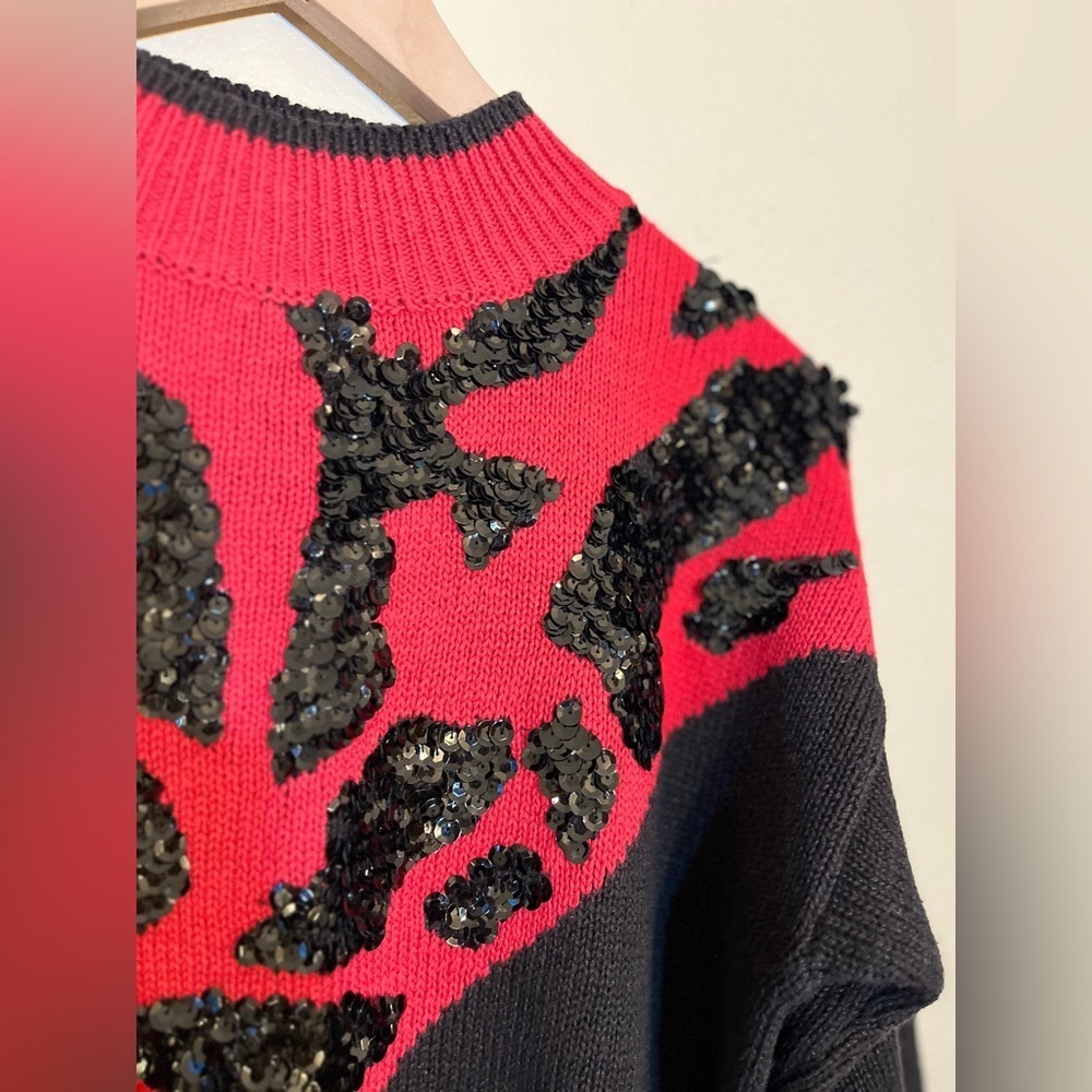 Vintage Sequin Leopard Colorblock Sweater Black Red 80s Glam Statement Knit Top - Picture 4 of 9